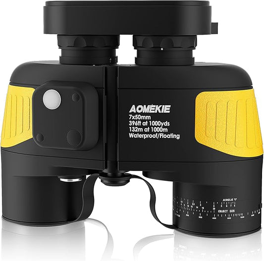 AOMEKIE Marine Binoculars for Adults 7X50 Military Waterproof Binoculars with Illuminated Rangefinder Compass BAK4 Prism IPX7 Fogproof for Boating Navigation Hunting Fishing Water Sports