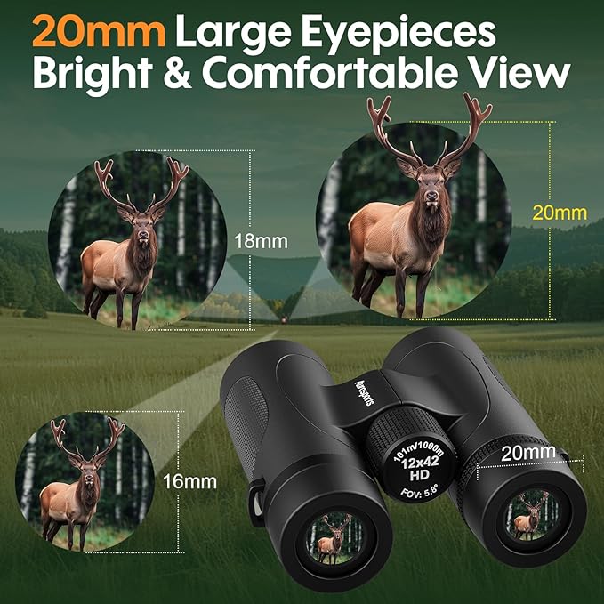 12x42 UHD Binoculars for Adults High Powered: Waterproof for Bird Watching - Large View, Lightweight, Fogproof Binoculars for Hunting Hiking Bird Watching Travel Cruise Black