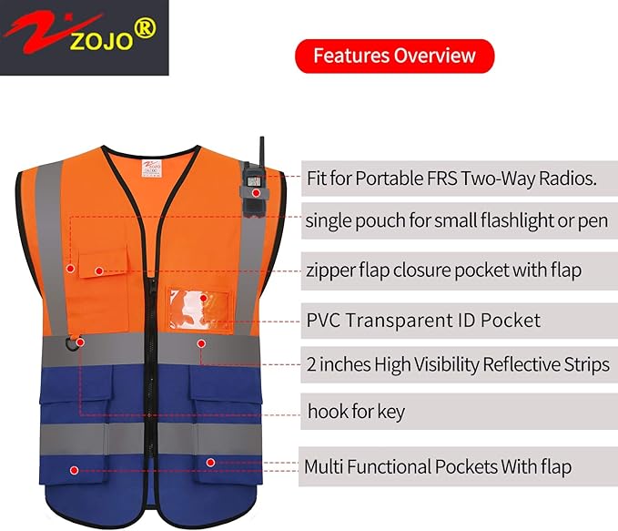 zojo High Visibility Safety Vests With Pockets, Pack of 10,Wholesale Reflective Vest for Outdoor Works, Cycling, Jogging, Walking,Sports - Fits for Men and Women(2XL-Mix Orange & Blue)
