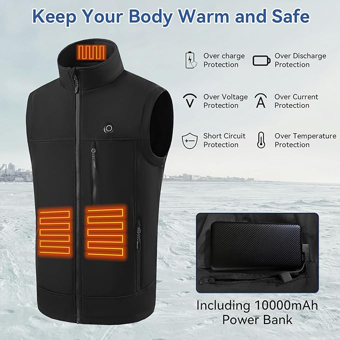 Soft Shell Heated Vest for Men with Battery, 9 Heating Zone Lightweight Insulated Electric Vest for Winter Outdoor