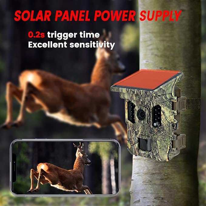 Solar Trail Camera 32MP 30FPS 2.7K Video,WiFi Bluetooth Hunting Camera with Motion Activated 0.2s Trigger, Night Vision Motion 64GB Card,Bracket,4PCS Battery,IP66 Waterproof for Wildlife Scouting