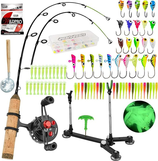 QualyQualy Ice Fishing Rod Reel Combo Complete Set Ice Fishing Gear with Backpack Seat Ice Cleats Ice Fishing Jigs Line Full Ice Fishing Kit 24" 26"