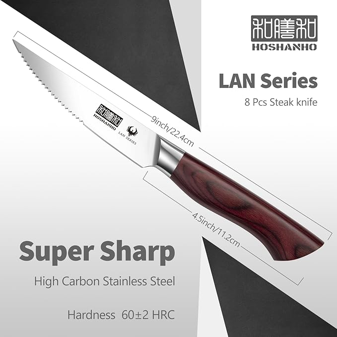 Steak Knife Set 8 Pieces, 4.5 Inch Super Sharp High Carbon Stainless Steel Steak Knife Set, Professional Premium Serrated Precise Cutting with Ergonomic Wood Handle