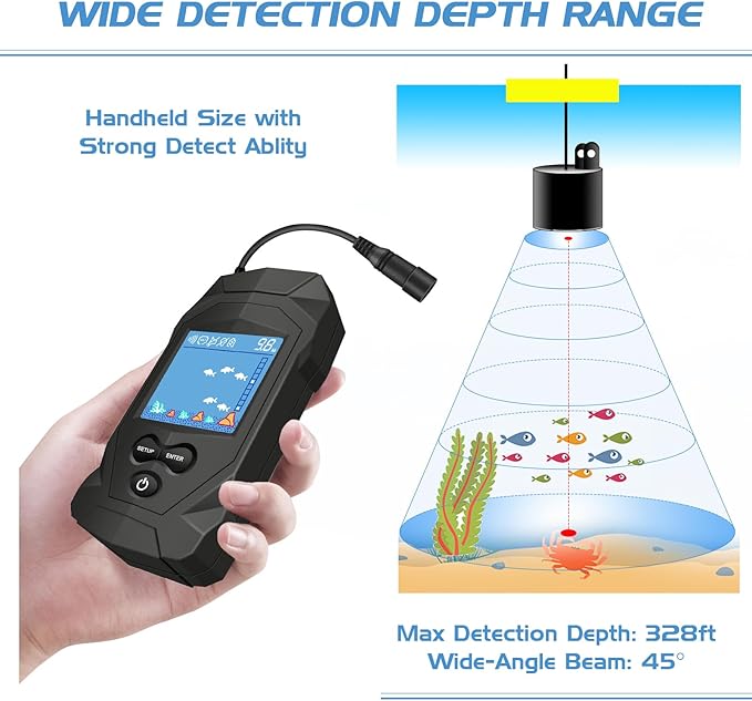 Atibin Portable Water Fish Finder Transducer Wired Handheld Depth Finder Sonar LCD Display Fish Finders Kayak FF068