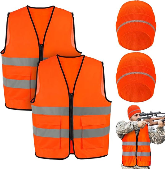 Apipi 2 Set Blaze Orange Hunting Vest and Beanie - High Visibility Safety Vest for Men, with Reflective Strips for Outdoor