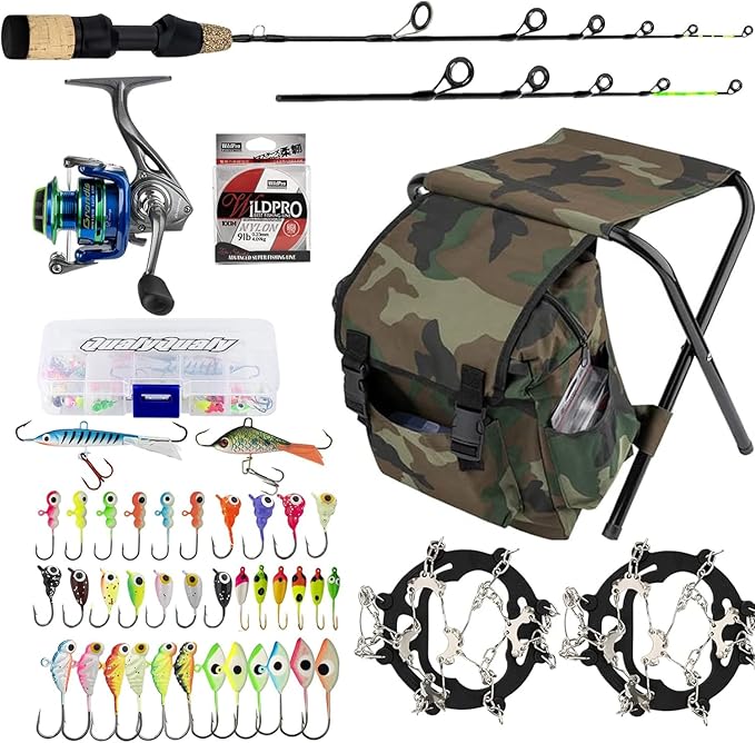 QualyQualy Ice Fishing Rod Reel Combo Complete Set Ice Fishing Gear with Backpack Seat Ice Cleats Ice Fishing Jigs Line Full Ice Fishing Kit 24" 26"
