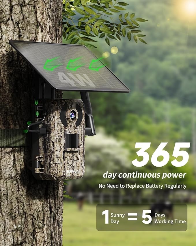 SEHMUA Cellular Trail Cameras with Live Streaming, Built-in 4G LTE SIM Card, Phone Access, Solar Powered Game/Deer Camera, Motion Activated, 0.2s Trigger Time, Low Light Night Vision, IP66 Waterproof