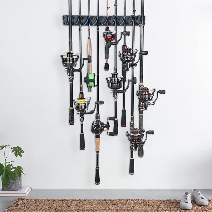PLUSINNO 4 Pack Vertical Fishing Rod Rack, Wall Mounted Fishing Rod holder, 4 Packs Fishing Pole Holders Hold Up to 36 Rods or Combos, Fishing rod holders for garage, Fits Most Rods of Diameter 3-19mm