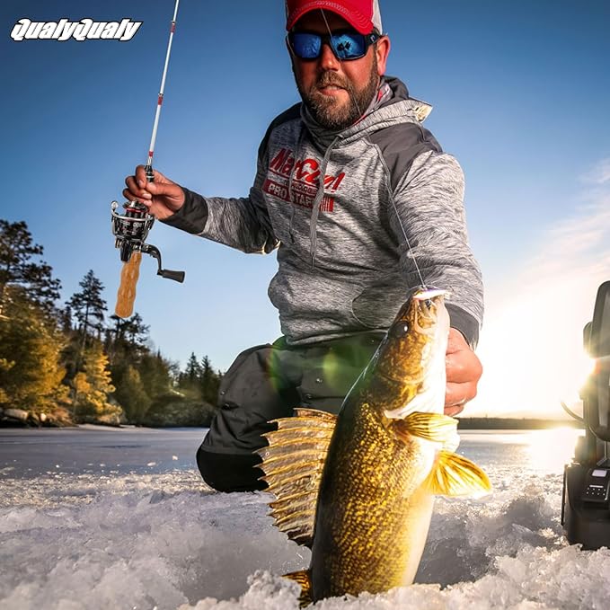 QualyQualy Ice Fishing Rod Reel Combo Complete Set Ice Fishing Gear with Backpack Seat Ice Cleats Ice Fishing Jigs Line Full Ice Fishing Kit 24" 26"