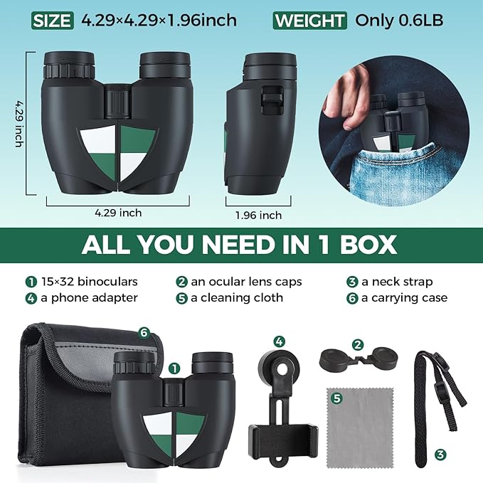 15x32 Compact Binoculars for Adults and Kids, High Power Lightweight Small Binoculars with Phone Adapter for Concert Cruise Ship Hiking Bird Watching Travel Safari Viewing Football Sports