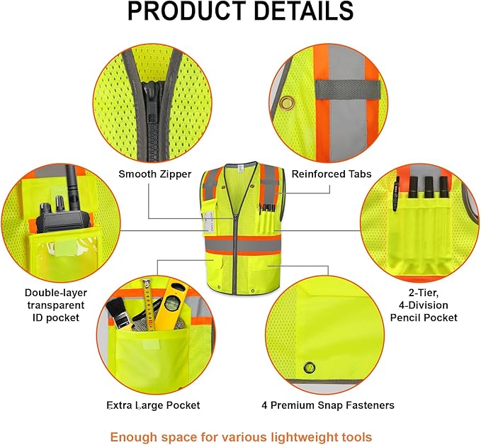 9 Pockets Class 2 High Visibility Reflective Safety Vest for Men, Mesh Hi Vis Construction Work Vest