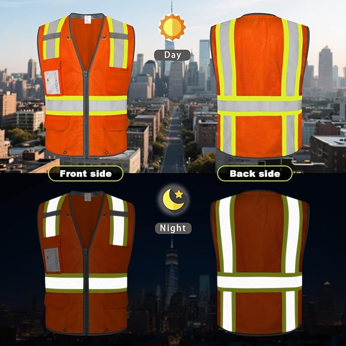9 Pockets Class 2 High Visibility Reflective Safety Vest for Men, Mesh Hi Vis Construction Work Vest