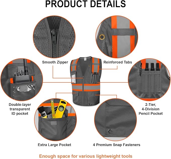 9 Pockets Class 2 High Visibility Reflective Safety Vest for Men, Mesh Hi Vis Construction Work Vest