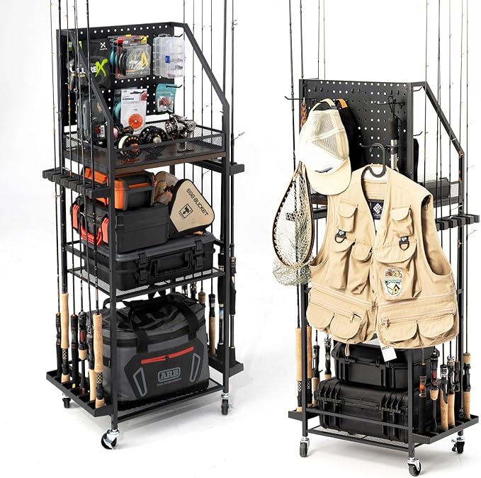 SOYEEZE Fishing Rod Holder,Fishing Pole Holders for Garage,Fishing Pole Rack for 12 Rods,Fishing Gear Equipment Organizer,Fishing Storage Cart Tackle Box/Reels/Bags with Wheels,Basement or Indoor