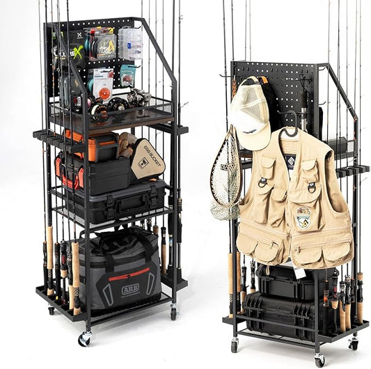 SOYEEZE Fishing Rod Holder,Fishing Pole Holders for Garage,Fishing Pole Rack for 12 Rods,Fishing Gear Equipment Organizer,Fishing Storage Cart Tackle Box/Reels/Bags with Wheels,Basement or Indoor