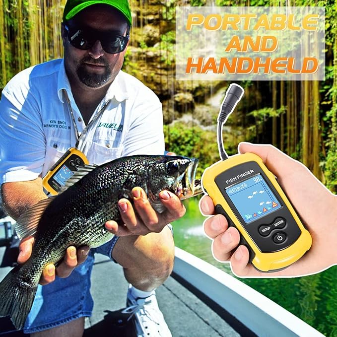 Atibin Handheld Kayak Fish Depth Finder Portable Transducer Fish Finder Sonar Boat Dock Fish Finders Display Water Fishing Yellow