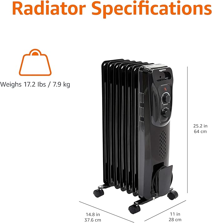 Amazon Basics Portable Oil Radiator Heater for Indoor Use, 3 Heat Settings, Over-Heat Protection, ETL-certified Safety, 7 Oil-Filled Steel Fins, 1500W, 11"D x 14.8"W x 25.2"H, Black