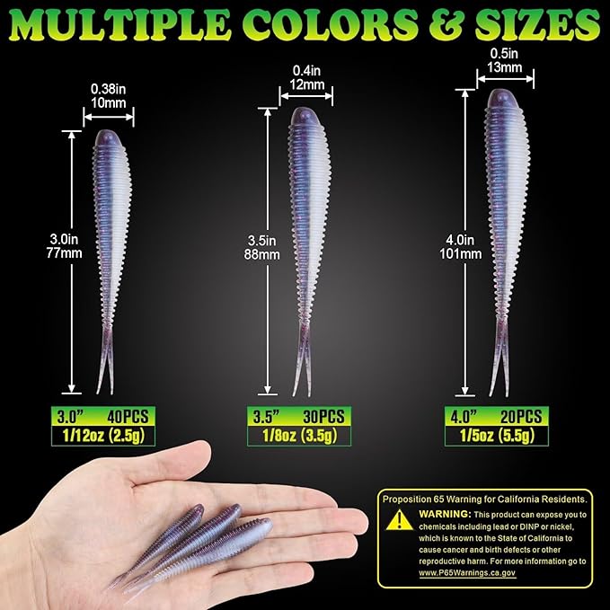 LUCKYFISHING Soft Plastic Baits 20PCS/30PCS/40PCS Forked Tail Fishing Soft Bait for Bass Walleye Trout Crappie Lures 3in/3.5in/4in