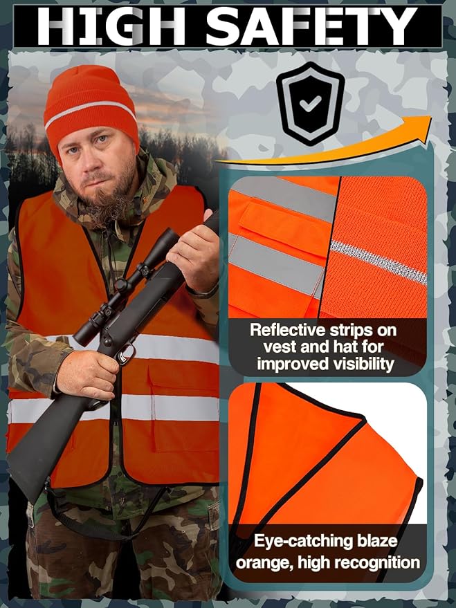Apipi 2 Set Blaze Orange Hunting Vest and Beanie - High Visibility Safety Vest for Men, with Reflective Strips for Outdoor