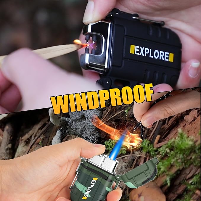 LcFun 2 Pack Outdoor Lighter Waterproof, Windproof Electric USB Rechargeable Dual Arc Plasma Lighter, Refillable Butane Torch Lighters, Survival Tactical Gear Gadgets for Men for Camping, Hiking