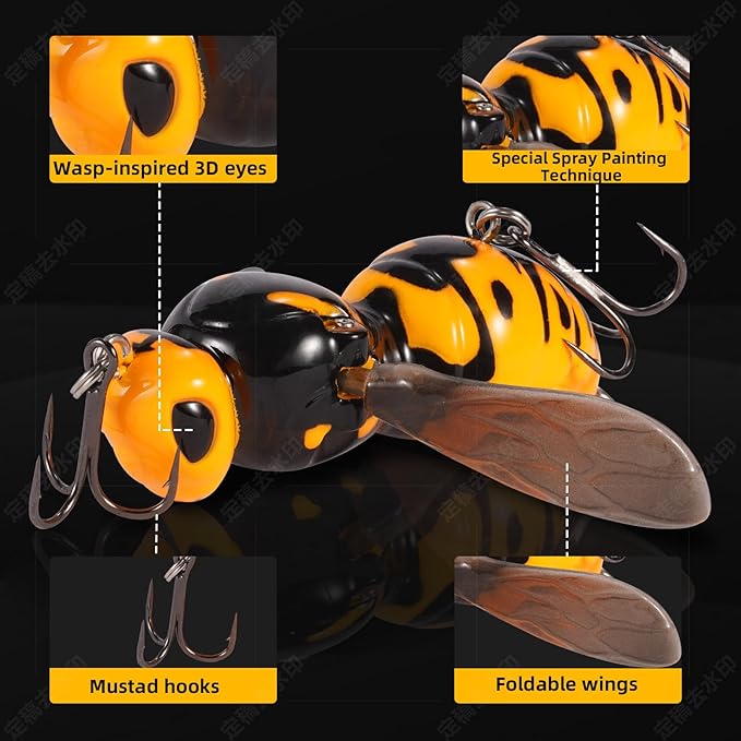 Fishing Lures, 3-Piece Topwater Lures for Bass, Walleye, and Pike, 2025 New Wasp-Style Top Water Crawler for Freshwater & Saltwater Fishing, 2.6in, 15g