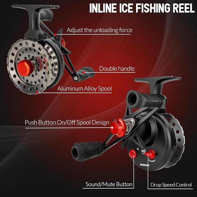 QualyQualy Ice Fishing Rod Reel Combo Complete Set Ice Fishing Gear with Backpack Seat Ice Cleats Ice Fishing Jigs Line Full Ice Fishing Kit 24" 26"