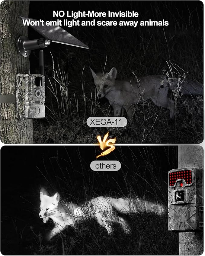 Xega 4G Solar Cellular Trail Camera with Live Feed, 2K GPS 7800mAh Wildlife Camera, No Glow 940nm Night Vision Motion Detection Instant Alarm 2-Way Audio Cloud/TF, Only Support The Build-in SIM Card