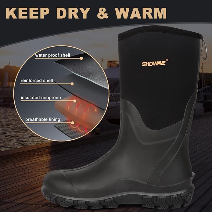 Showave Classic Men's Rubber Boots Waterproof Rain Boots Insulated Neoprene Boot Mud Boot for Farming Hunting Gardening Yard Chore Working