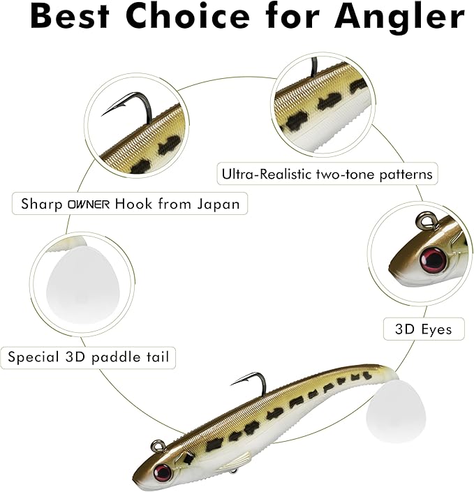TRUSCEND Easy Catch Pre-Rigged Soft Lures, Unique Vibrating Swim Action and Trembly Sinking Move for More Bites, Amazing Soft Swimbait for Family Fishing, Fishing Lures for Bass Trout Crappie Walleye