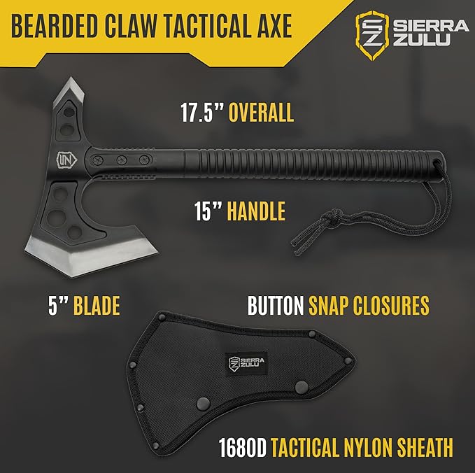 Sierra Zulu Camping Axe - Tactical Survival Hatchet with Bearded Axe Head, Nylon Sheath & Glass Fiber Handle - Full Tang Outdoor Bushcraft Tool for Camping, Hiking, and Chopping Tasks