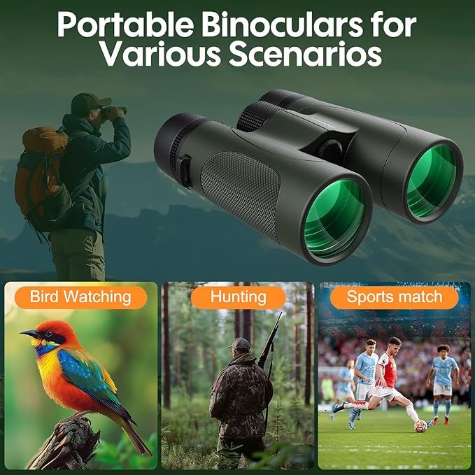 12x42 UHD Binoculars for Adults High Powered: Waterproof for Bird Watching - Large View, Lightweight, Fogproof Binoculars for Hunting Hiking Bird Watching Travel Cruise Green