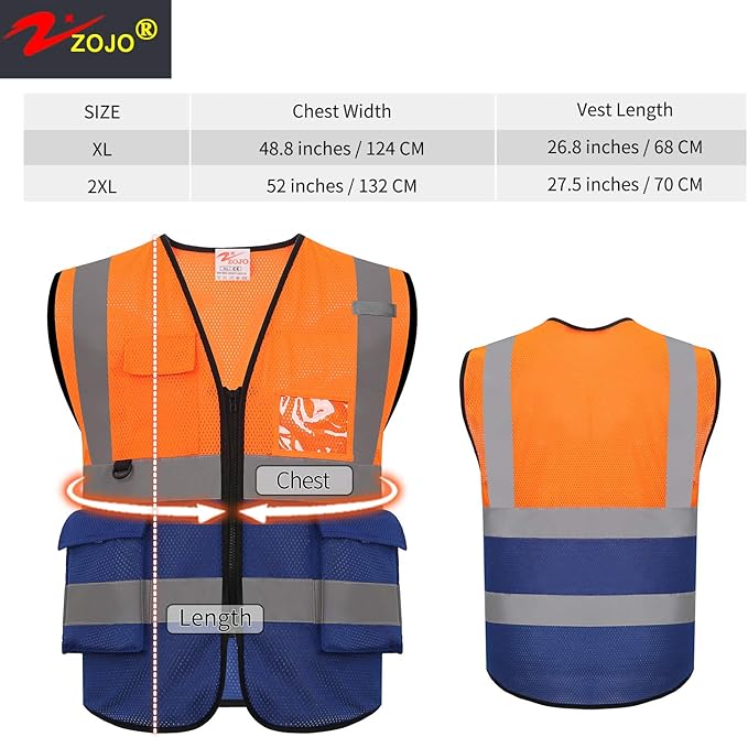 zojo High Visibility Safety Vests With Pockets, Wholesale Reflective Vest for Outdoor Works, Cycling, Jogging, Walking, Fits for Men and Women Pack of 10 (10, 2XL- Mesh-Mix Orange & Blue)