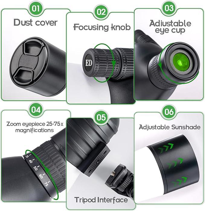 25-75x60 Spotting Scopes for Target Shooting Spotter Scope Hunting Bird Watching 45 Degree Angled with Tripod Carrying Bag Smartphone Adapter White