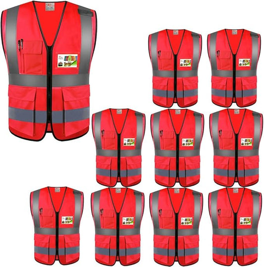 zojo High Visibility Safety Vests With Pockets, Wholesale Reflective Vest for Outdoor Works, Cycling, Jogging, Walking,Sports - Fits for Men and Women (Pack of 10, XL-Red)