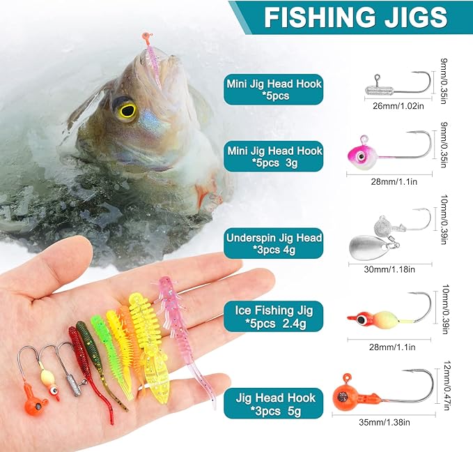 Trout & Crappie Ice Fishing Gear Lures Kit, Including Jig Heads,Soft Plastic baits for Panfish,Bluegill, Bass etc Freshwater Equipment