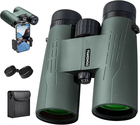 12x42 HD Binoculars for Adults High Powered Binoculars with Upgraded Phone Adapter Waterproof Compact Binocular with Low Light Night Vision for Bird Watching Hunting Outdoor Sports Concerts Green