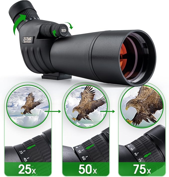 25-75 X 60 Spotting Scope with Tripod Phone Adapter Monocular Telescope Spotting Scopes for Target Shooting Hunting Bird Watching Black