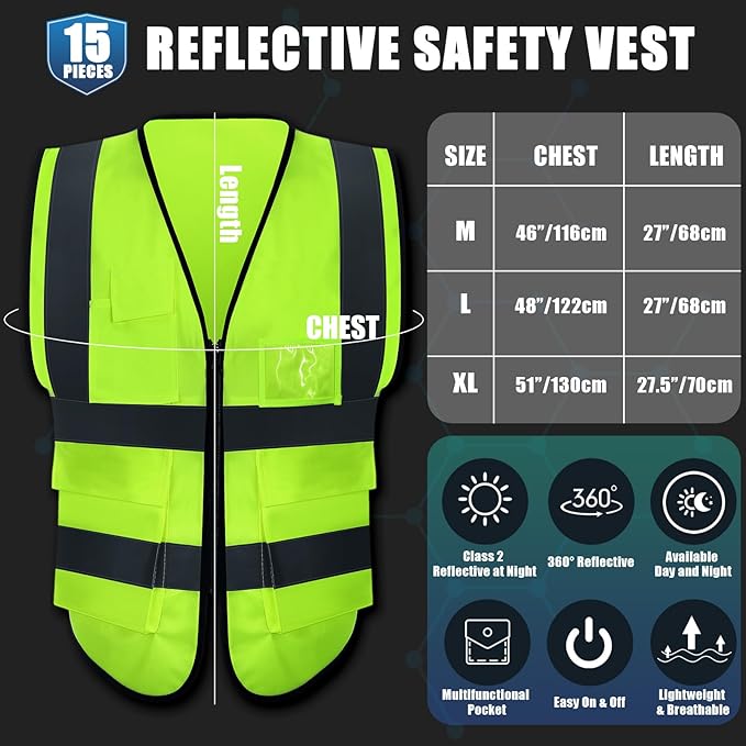 15 Pack Reflective Safety Vests with Pockets and Zipper Construction Work High Visibility Vest for Men Women(Large,Fluorescent Green)