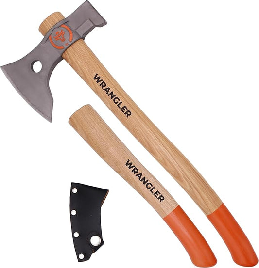 Titanium Camping Axe - 18" & 11.5" Wood Hickory Handles - Tomahawk Axe Hammer End - 2-Piece Slip-Fit Design - Includes Blade Sheath and 2 Handles - Survival Axe