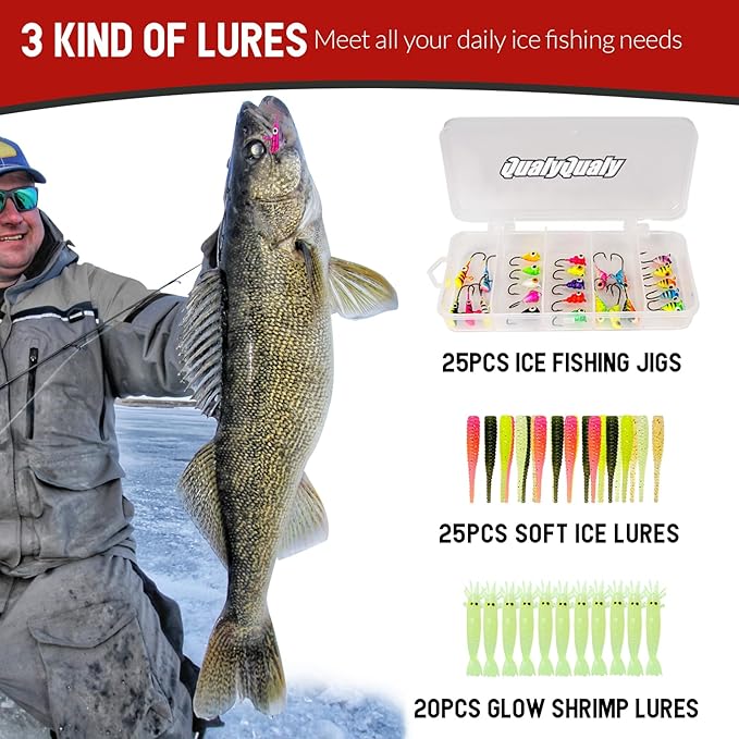 QualyQualy Ice Fishing Rod Reel Combo Complete Set Ice Fishing Gear with Backpack Seat Ice Cleats Ice Fishing Jigs Line Full Ice Fishing Kit 24" 26"