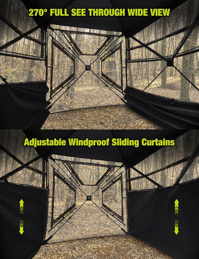 TIDEWE See Through Blind 270°with Silent Magnetic Door & Sliding Windows, 2-3 Person Pop Up Ground Blind with Carrying Bag, 300D Portable Resilient Tent(Camouflage & Veil Rush)