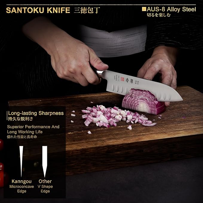 7 Inch Santoku Knife, Japan AUS-8 Alloy Steel Japanese Knife with Full-Tang Black Pakkawood Handle, Vegetable Chopping Knife with Premium Gift Box (Classic Series)