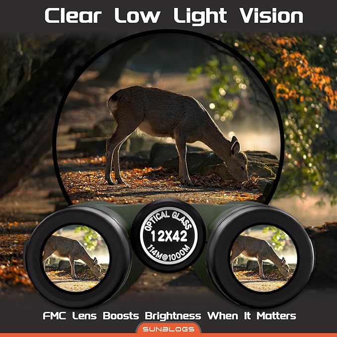 12x42 HD Binoculars for Adults,Super Bright BAK4 Prism High Powered Waterproof Binoculars with Low Light Vision for Bird Watching Outdoor Hunting Travel Hiking Sports Stargazing Cruise (Green)