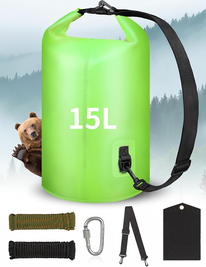 Bear Bag Hanging System - 15L Heavy Duty Waterproof Bear Proof Food Storage Kit with Rock Sack 2 Ropes 2 Safety Clips 1 Straps for Hiking, Camping & Backpackin