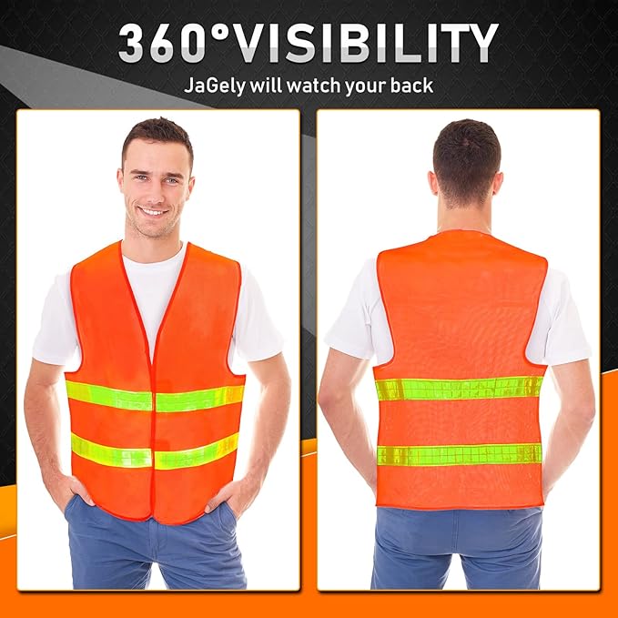 30 Pack Safety Vest Bulk with Reflective Strips High Visibility Reflective Orange Security Vest Construction Working for Men Women Warehouses Traffic Running Drivers Cyclists Volunteers Work