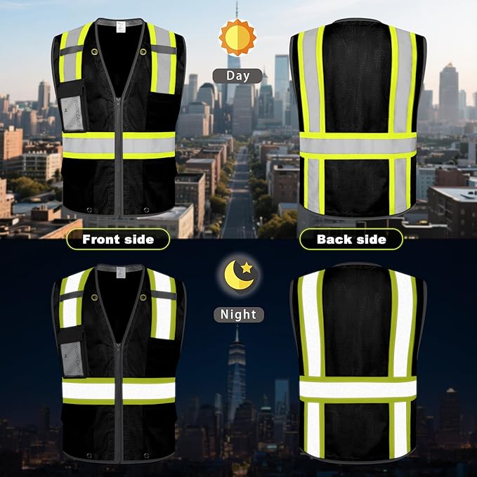 9 Pockets Class 2 High Visibility Reflective Safety Vest for Men, Mesh Hi Vis Construction Work Vest