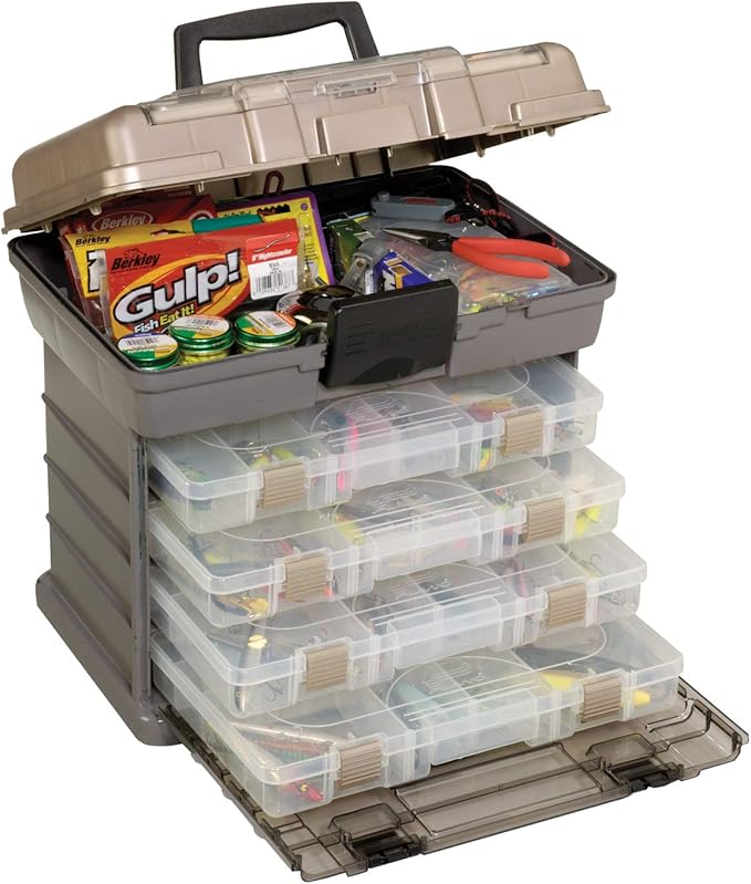 Plano Guide Series StowAway 4-By Rack System Tackle Box, Holds 4 3700 Utility Tackle Boxes, Quick-Access Top Storage with DuraView Lid, Durable Construction, Flexible, Adaptable Fishing Box