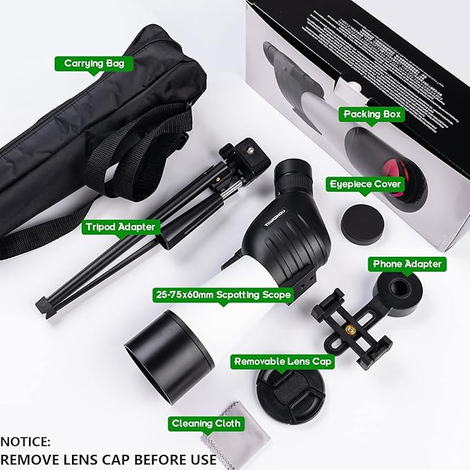 25-75x60 Spotting Scopes for Target Shooting Spotter Scope Hunting Bird Watching 45 Degree Angled with Tripod Carrying Bag Smartphone Adapter White