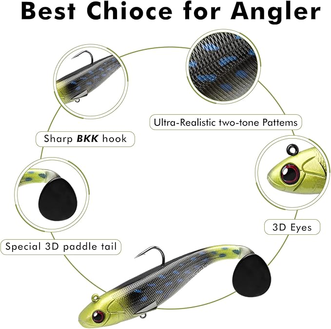 TRUSCEND Easy Catch Pre-Rigged Soft Lures, Unique Vibrating Swim Action and Trembly Sinking Move for More Bites, Amazing Soft Swimbait for Family Fishing, Fishing Lures for Bass Trout Crappie Walleye