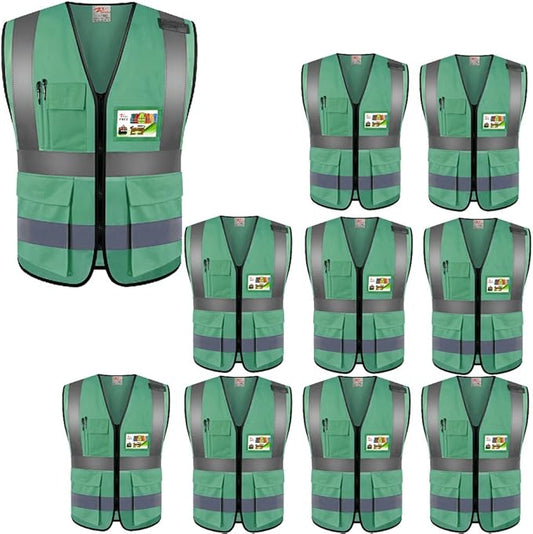 zojo High Visibility Safety Vests With Pockets, for Outdoor Works, Cycling, Jogging, Walking,Sports - for Men and Women Pack of 10 (XL-Green)